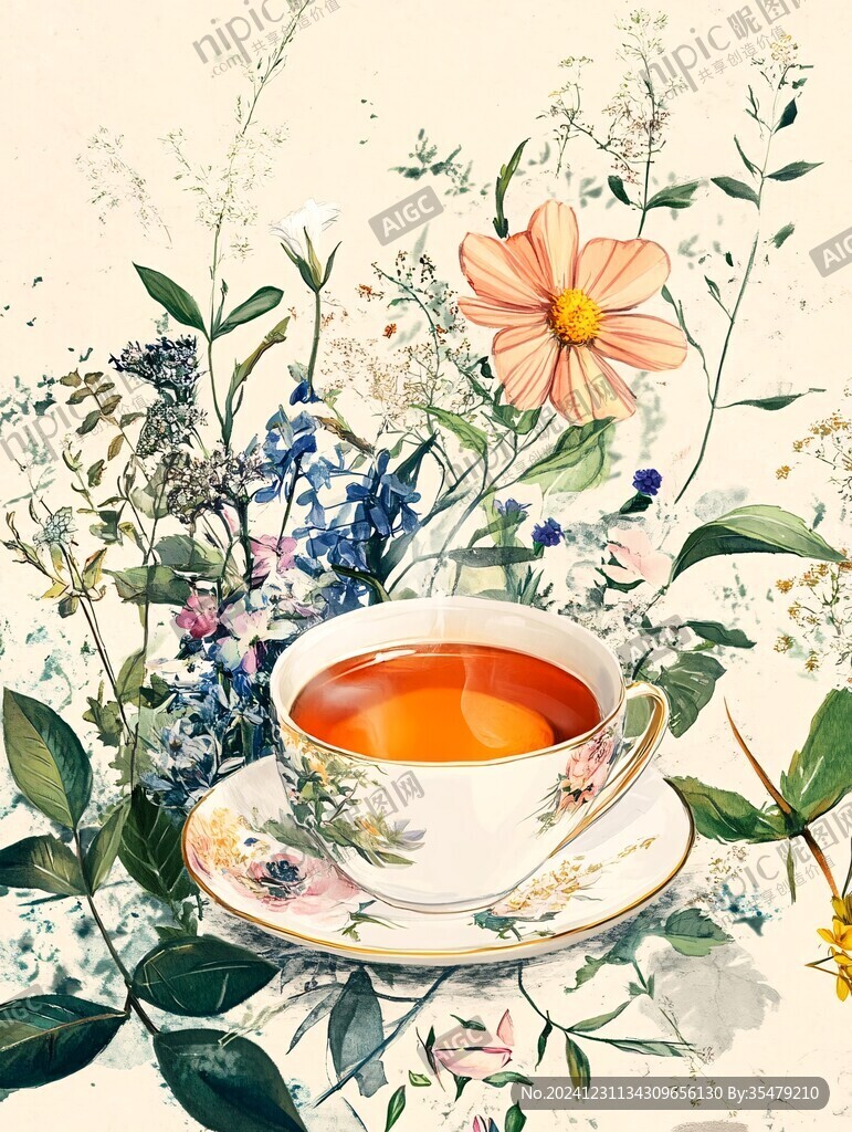 手繪花茶插畫