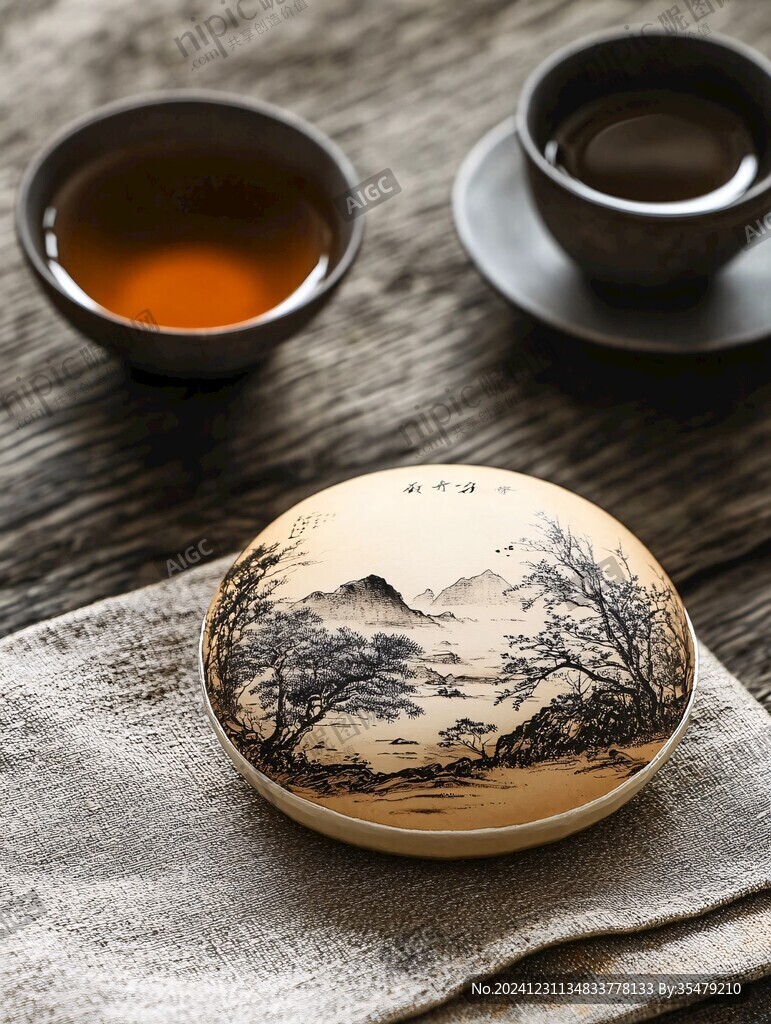 茶餅設計筆觸茶山圖