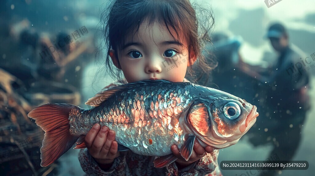 捧著魚的小孩