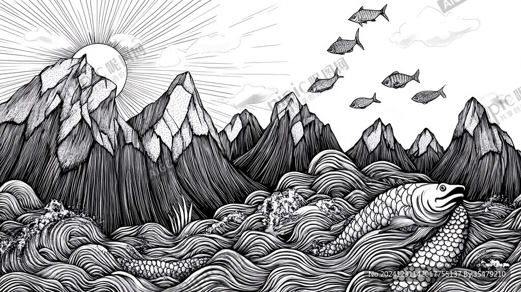 高端山水線包裝插畫