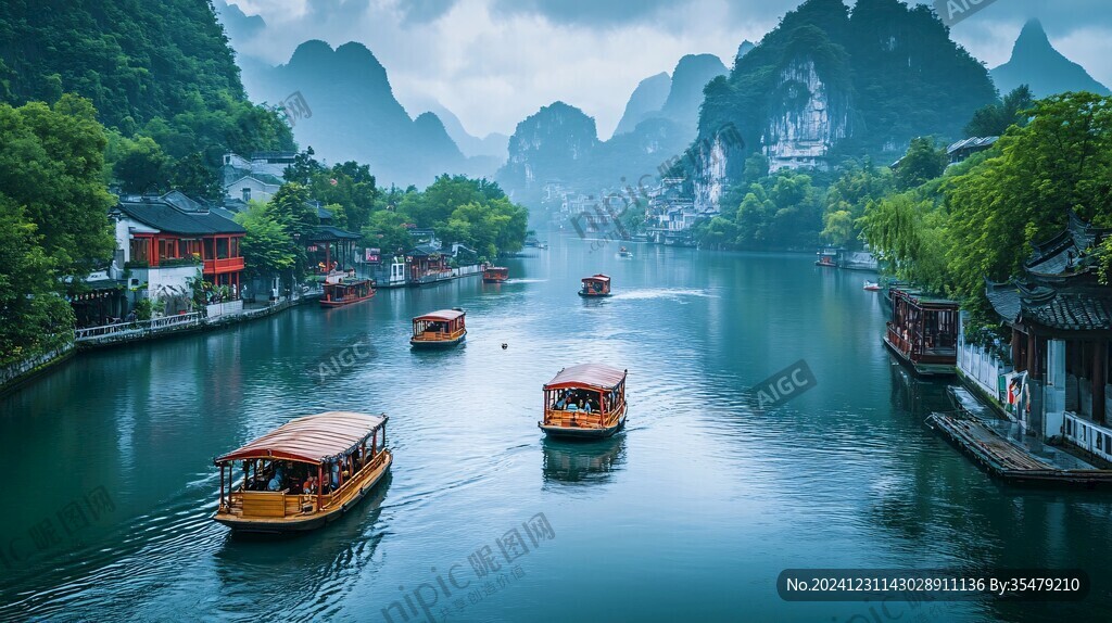 山水樓閣波光小船
