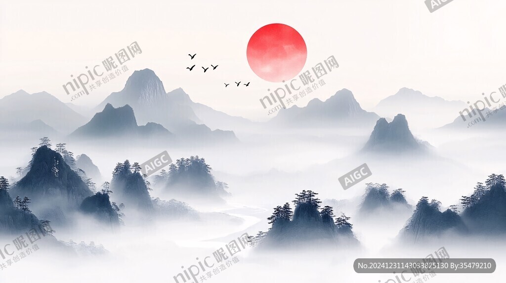 紅日水墨山水