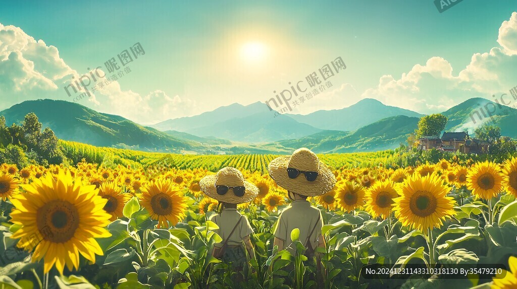 向日葵中的男生背影