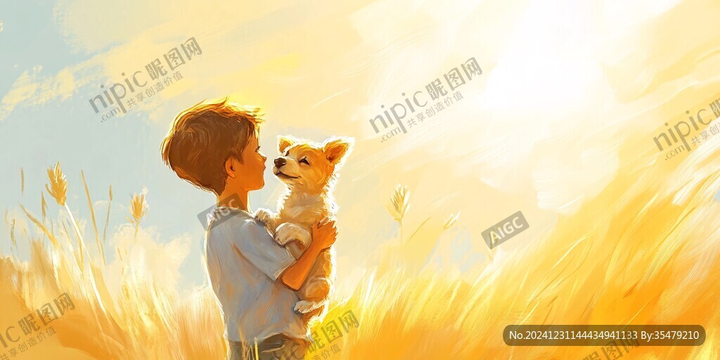 小孩牽狗插畫