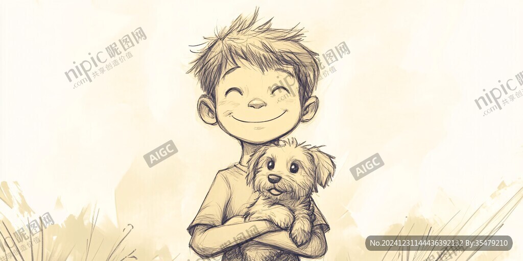 小孩牽狗插畫