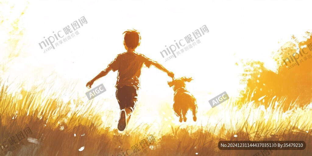 小孩牽狗插畫