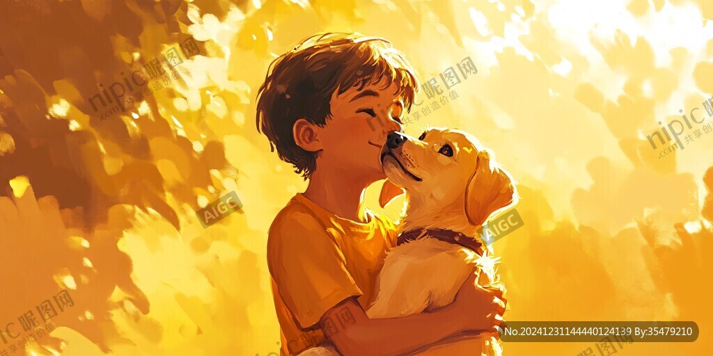 小孩牽狗插畫