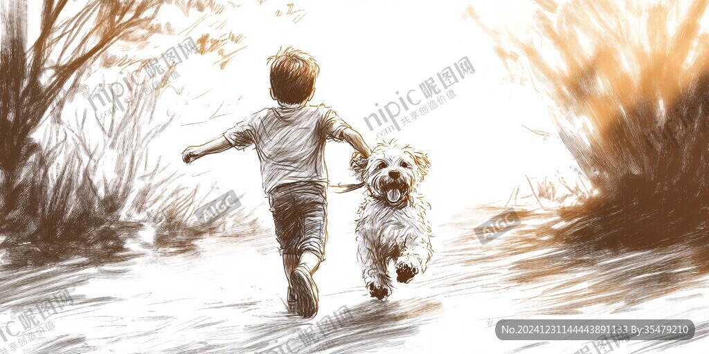 小孩牽狗插畫(huà)