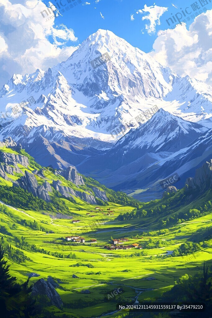 手繪草原草雪山