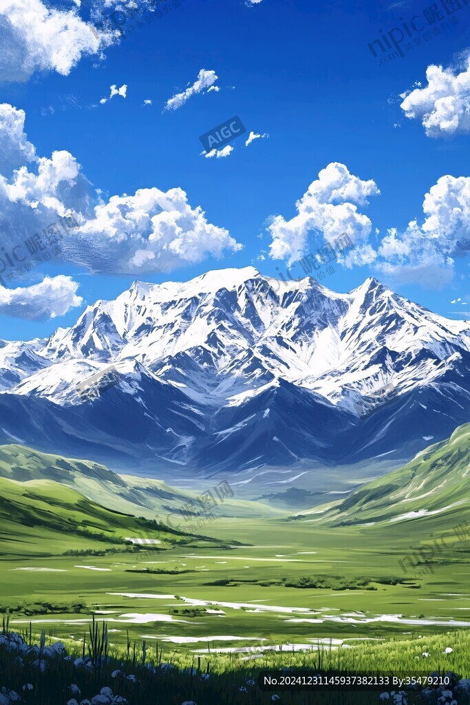 藍(lán)天白云山脈草地背景