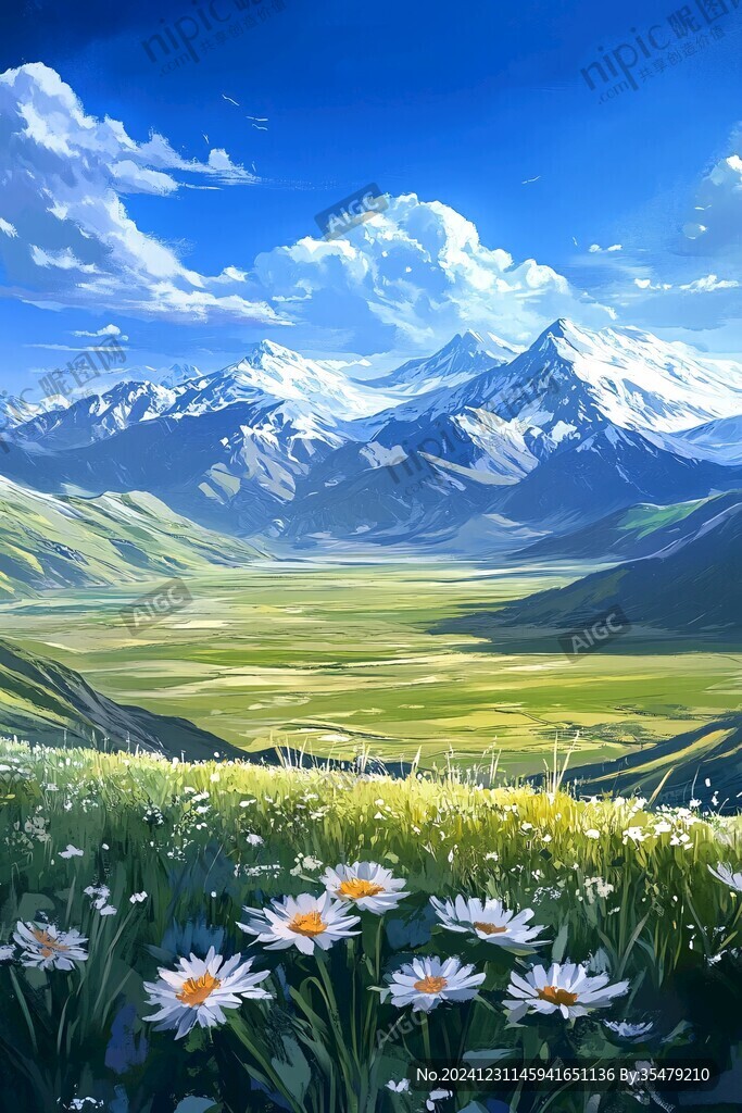 手繪草原草雪山
