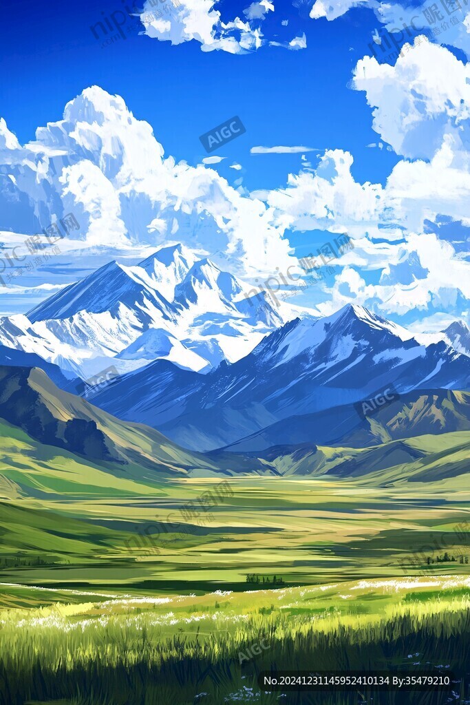 手繪草原草雪山