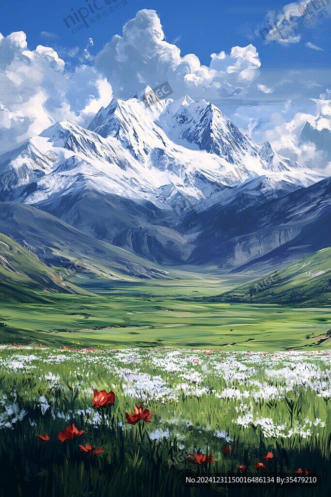 手繪草原草雪山