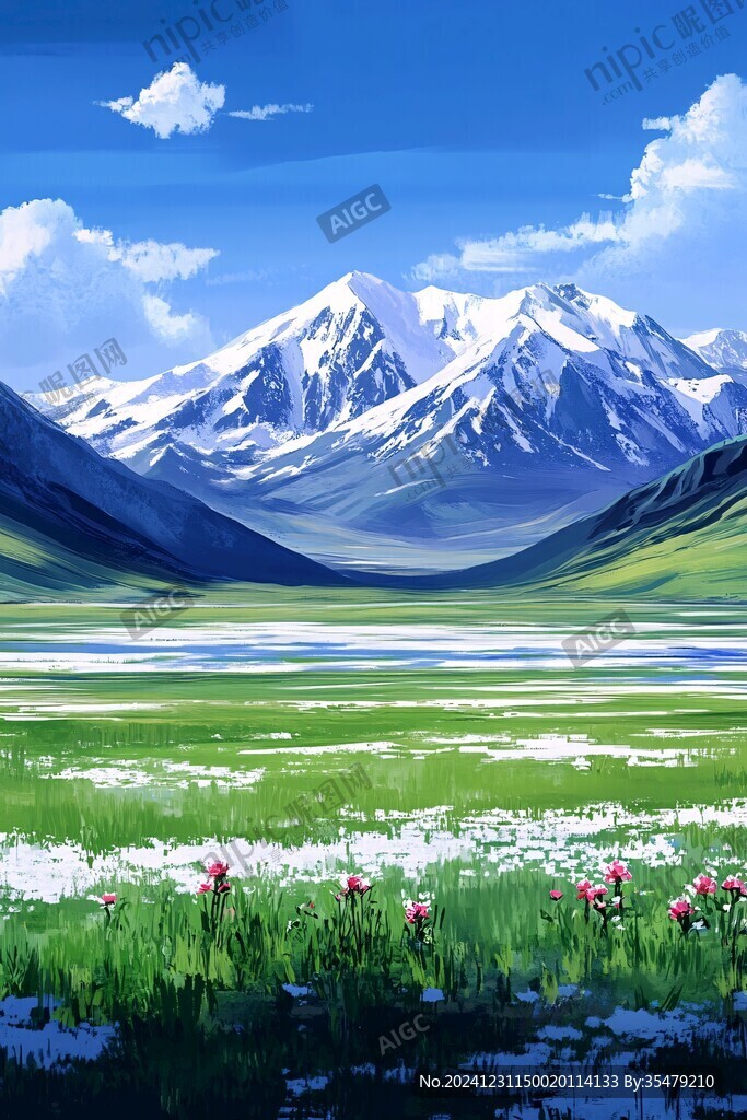 手繪草原草雪山