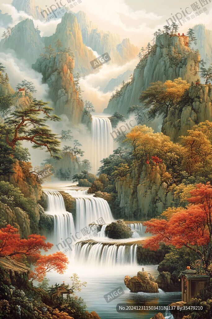 山水風景油畫瀑布