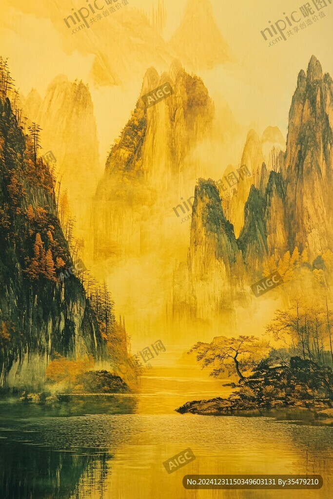 淡雅金色煙霧山水