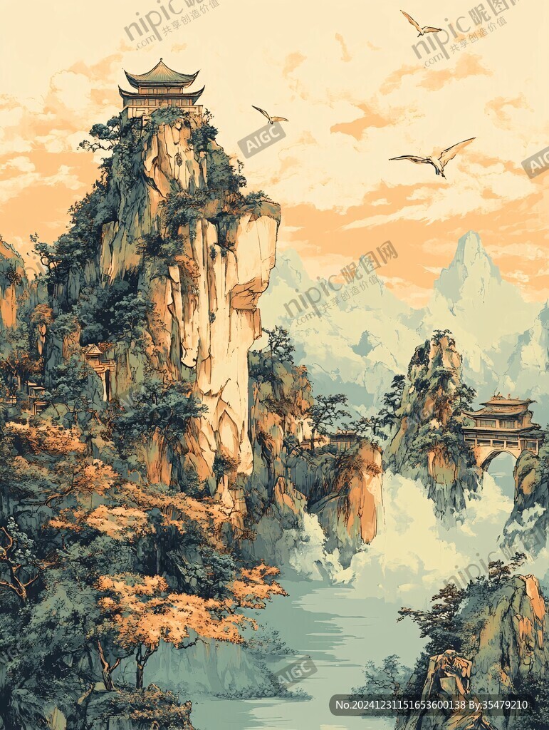 手繪海景樓閣仙鶴仙山
