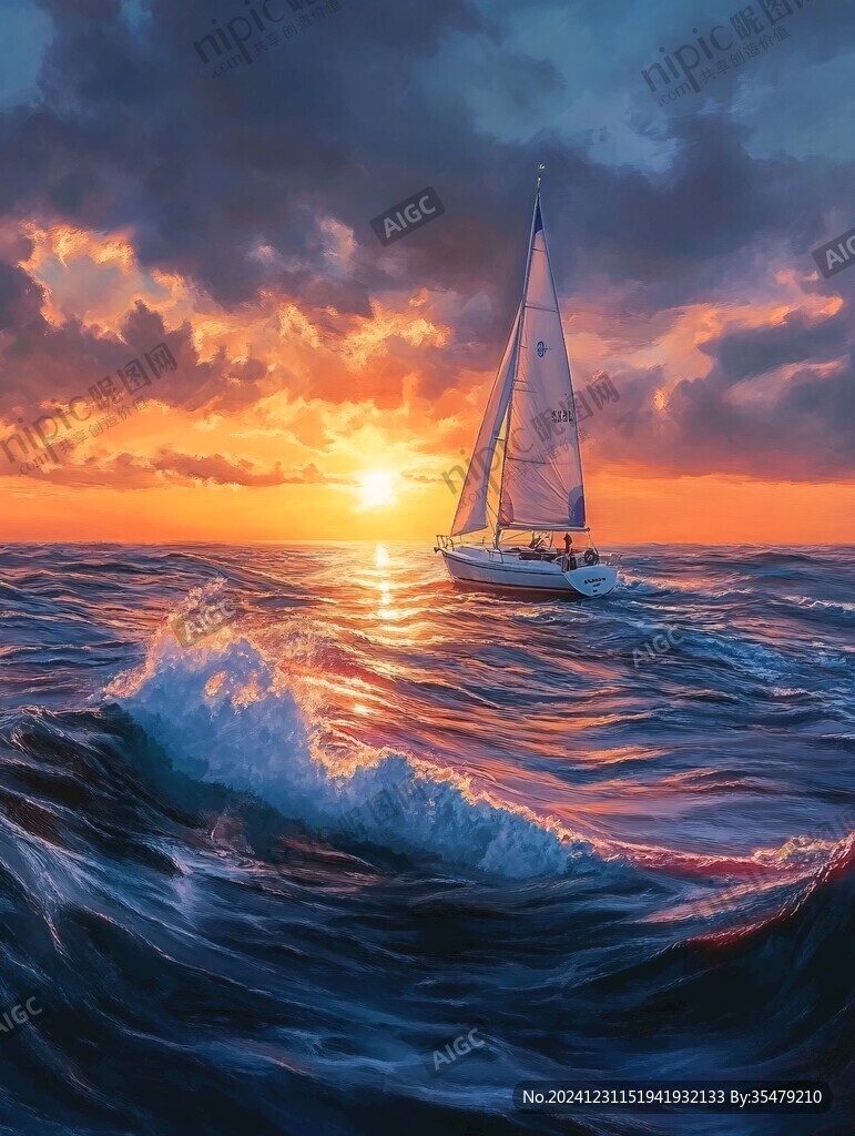 揚帆踏浪油畫