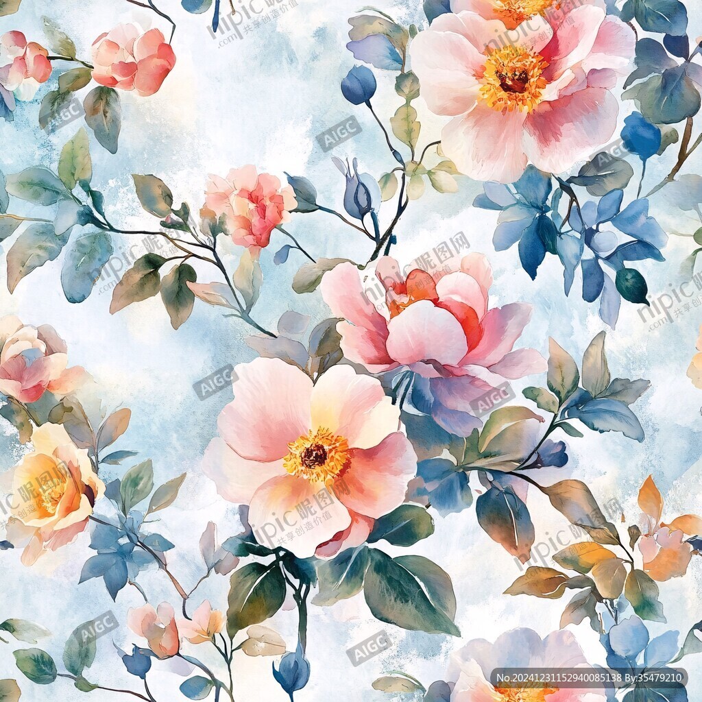 數(shù)碼印花圖案手繪花卉