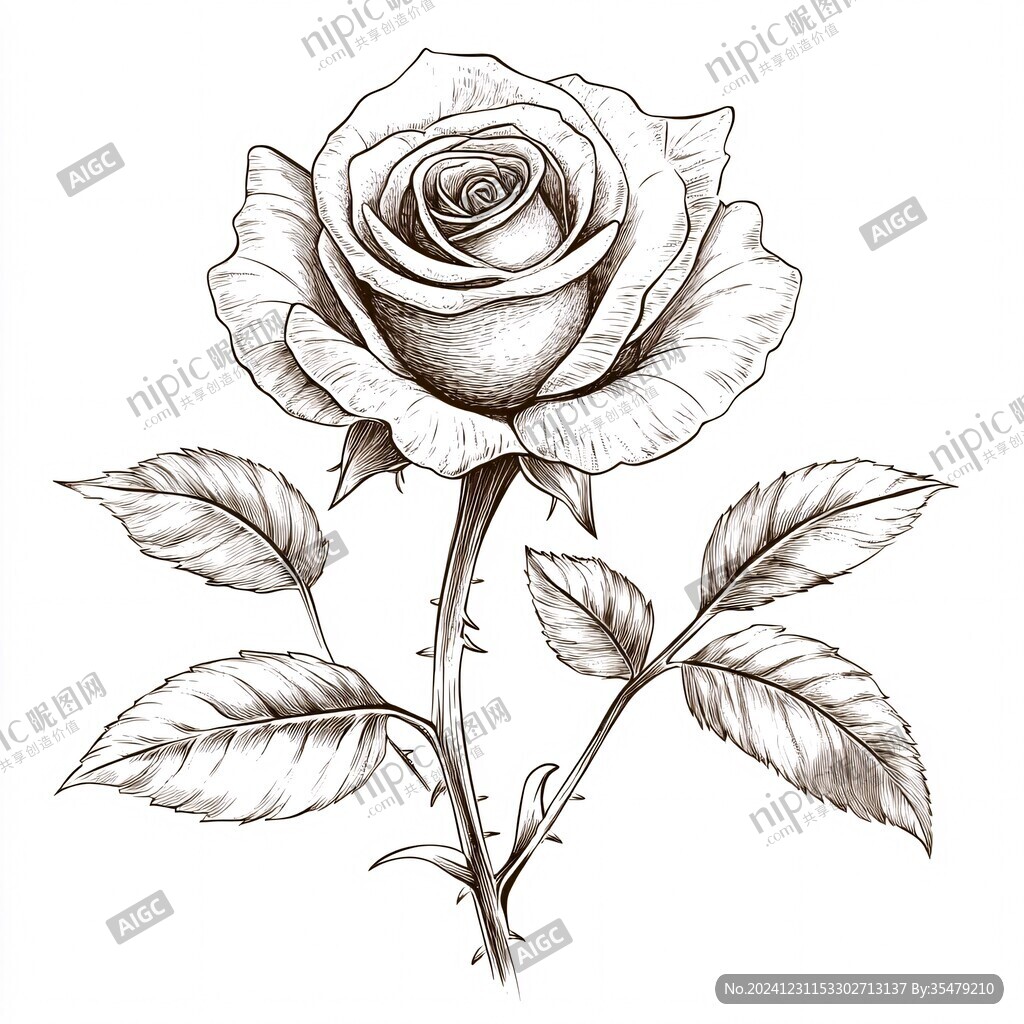 玫瑰花黑白線描畫