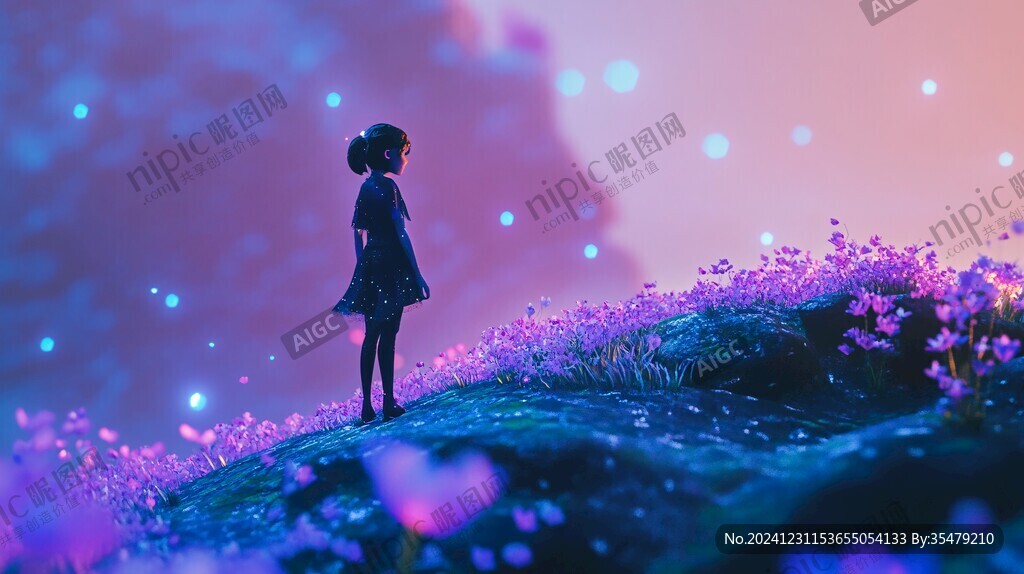 紫色花海里的少女