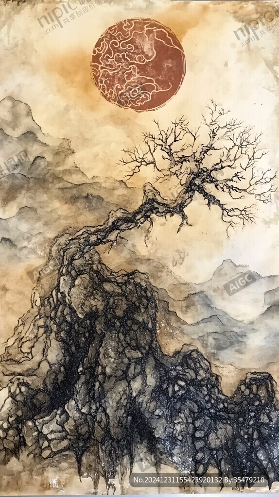 抽象水墨日落畫
