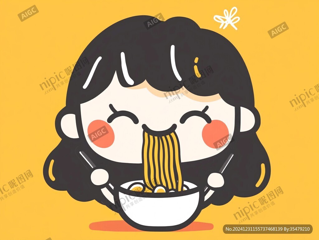卡通吃面女孩