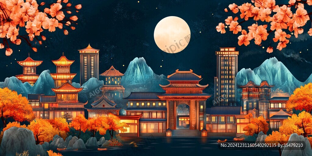 中秋建筑插畫