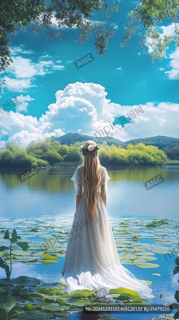 湖畔少女背影
