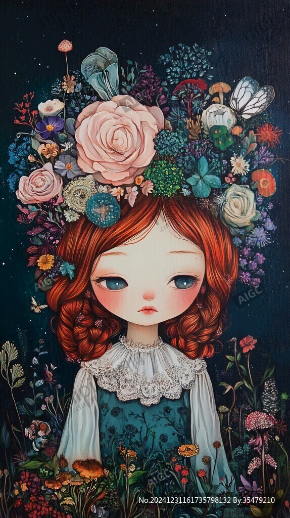 花叢女孩插畫