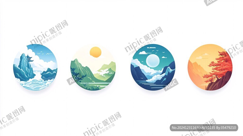 山水圓形插畫