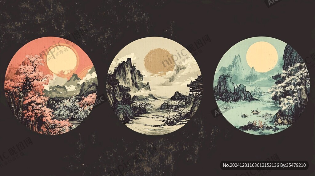 山水圓形插畫
