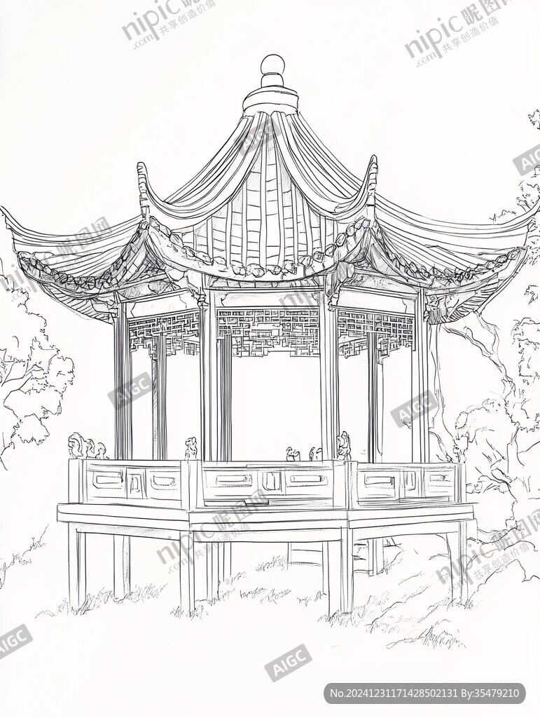 線描煙水亭