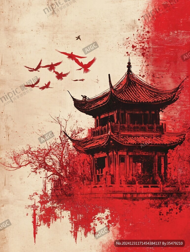 復古花鳥建筑背景