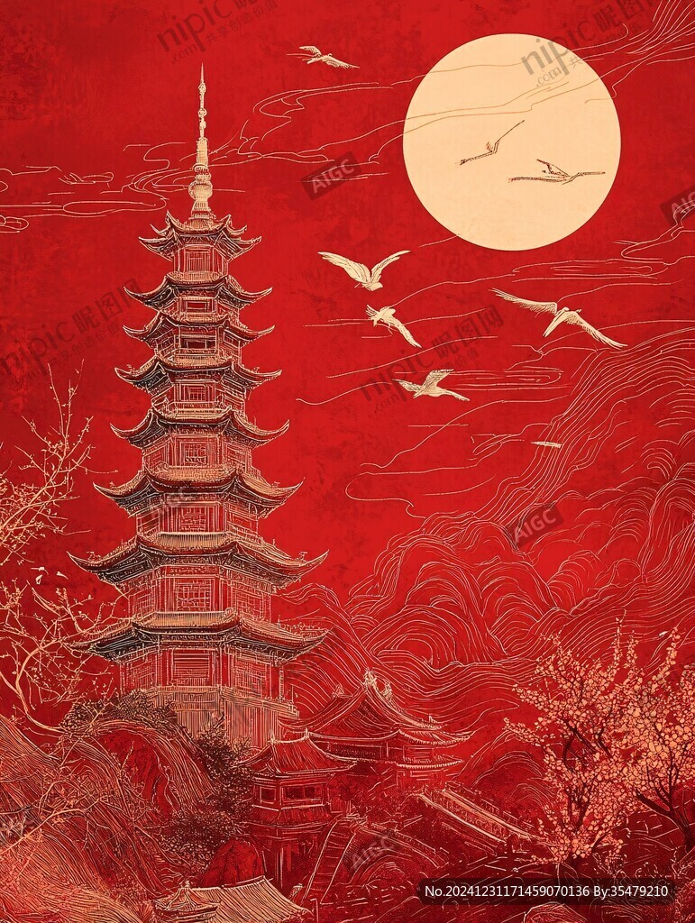 仙鶴樓閣復古瑞鶴圖