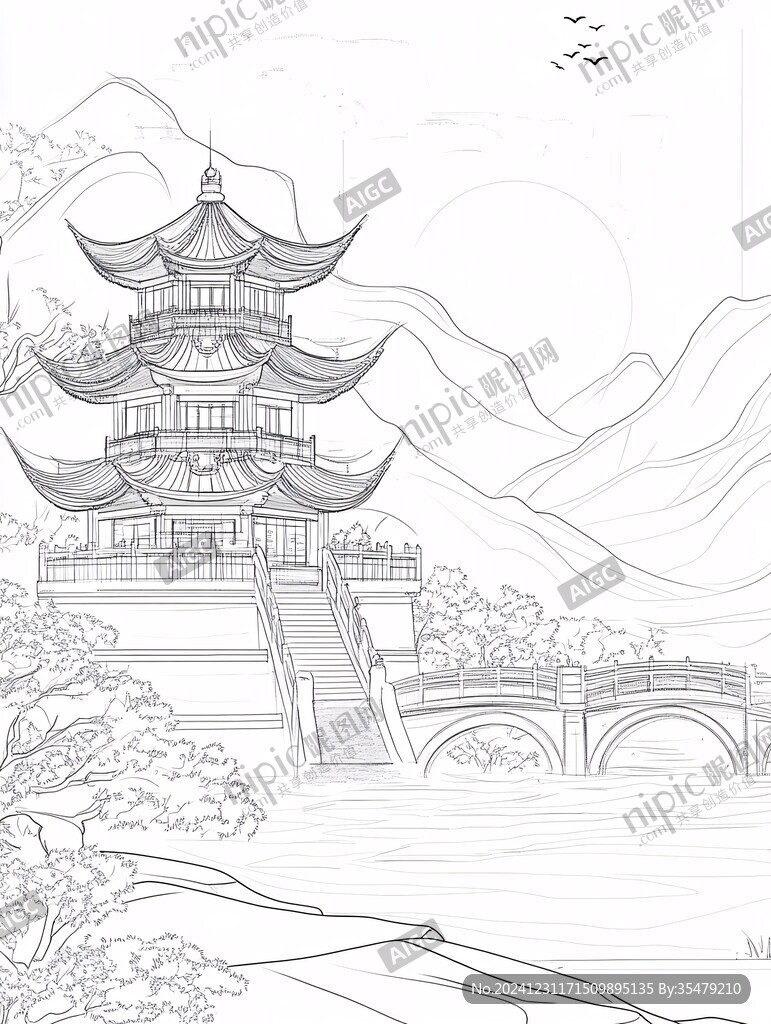 愛晚亭線描