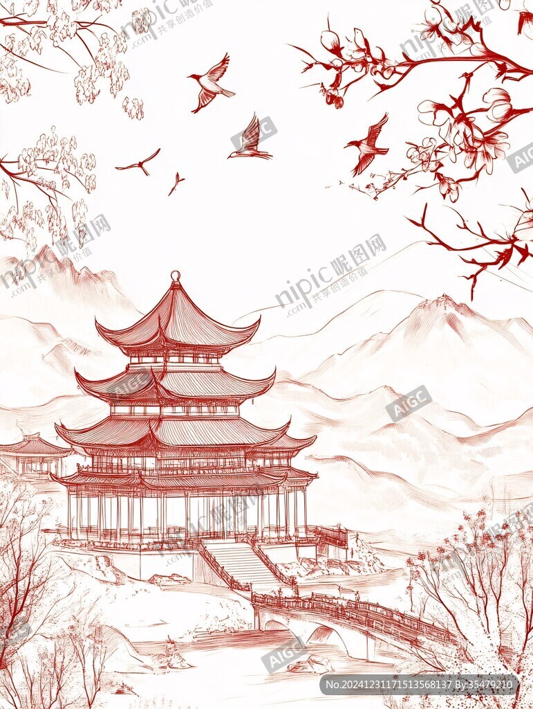 花鳥山水古建筑插畫