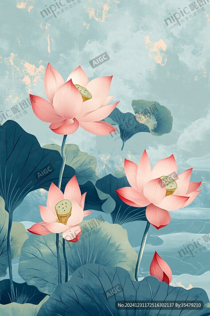 深藍背景荷花圖