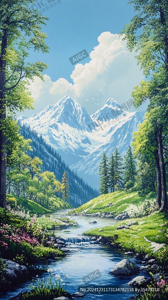 雪山森林河流圖