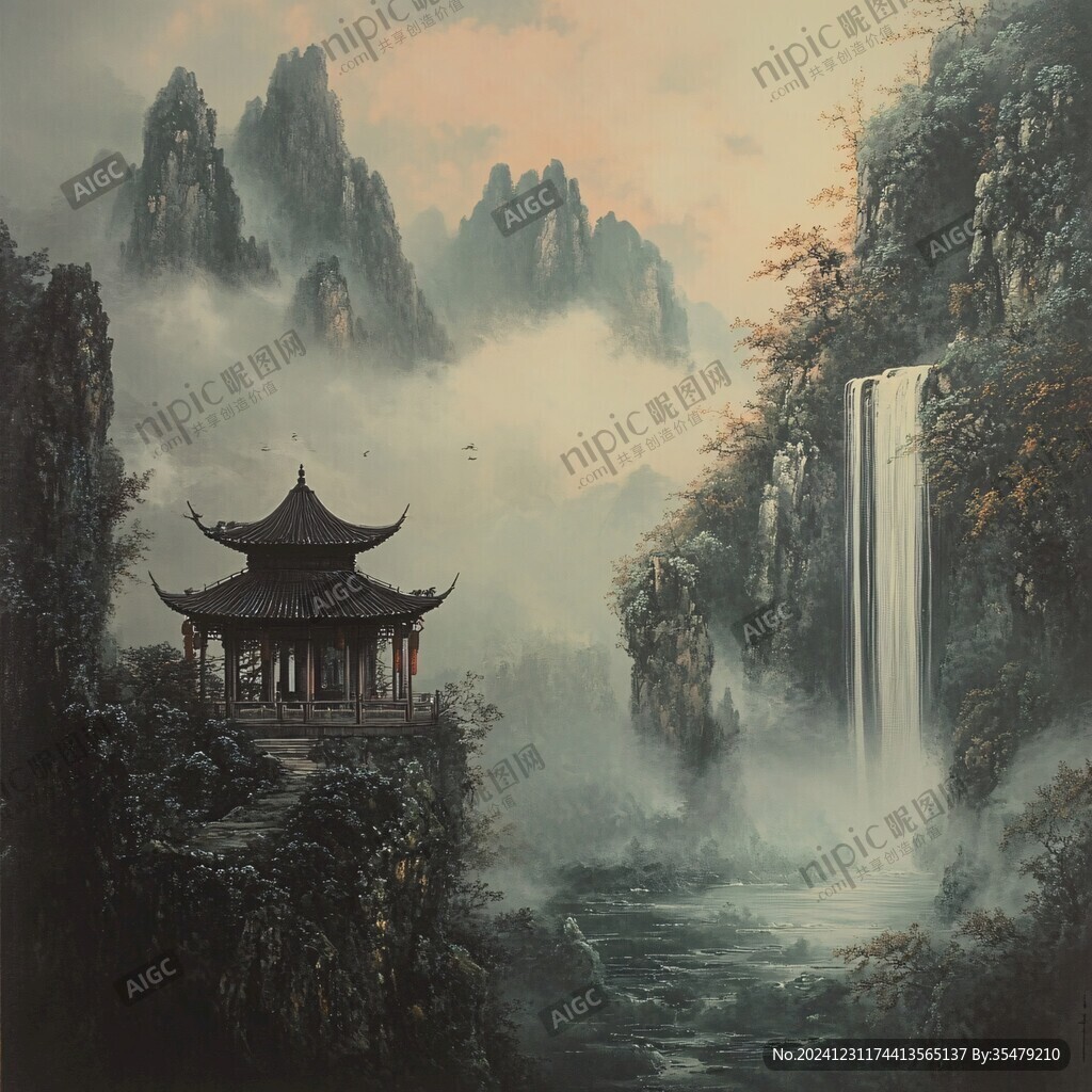 古風(fēng)亭臺樓閣油畫