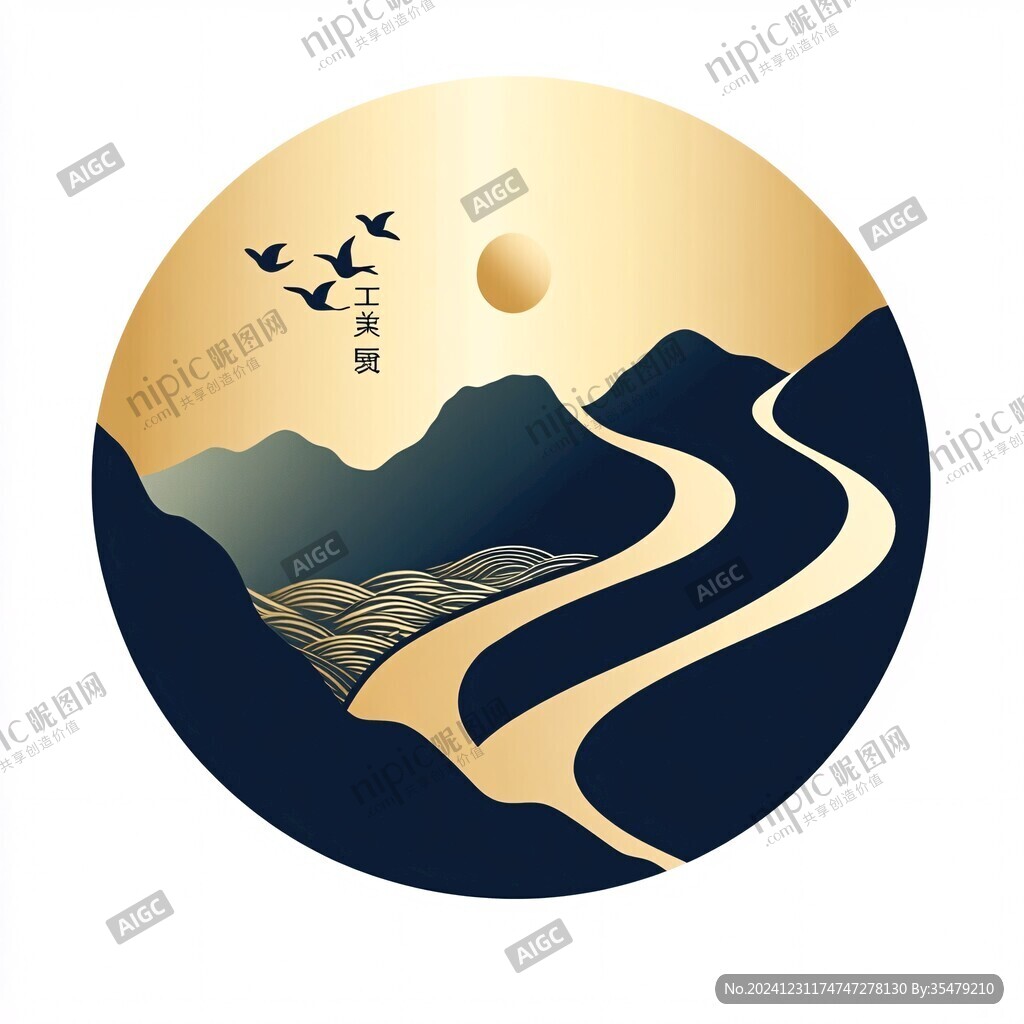 山水圓形插畫