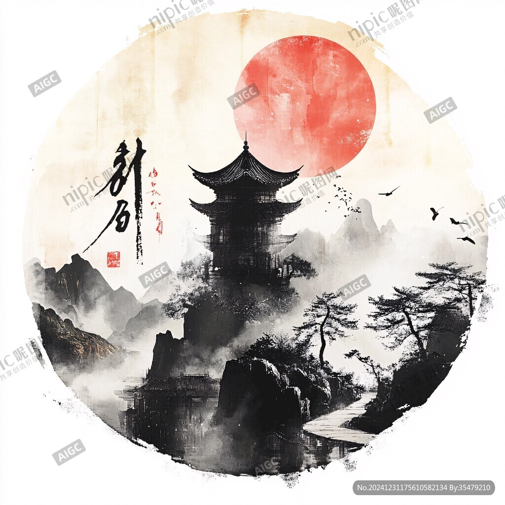 迎客松禪意水墨畫