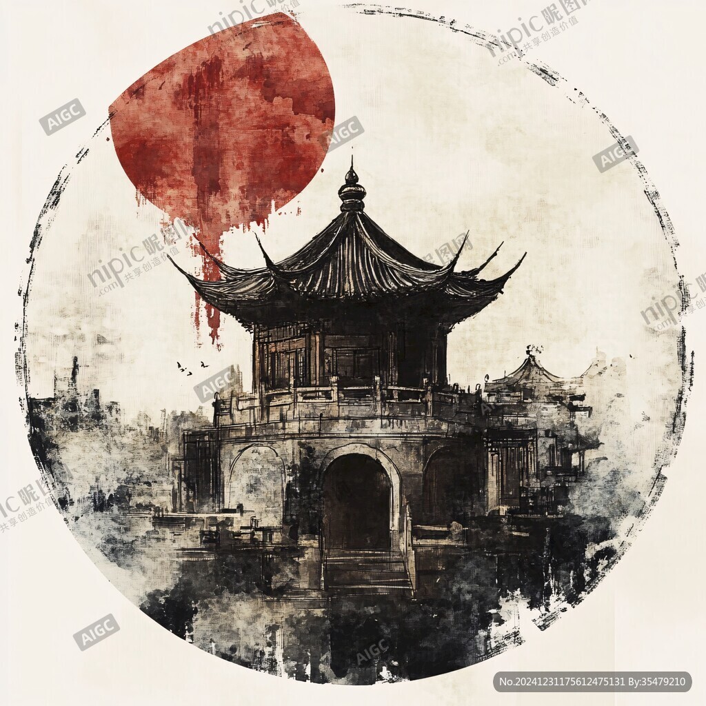 華僑禪風(fēng)水彩建筑插畫