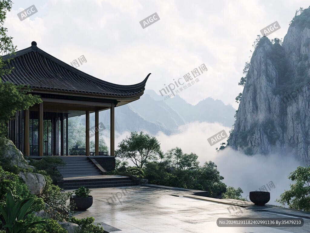 新中式樓閣山水