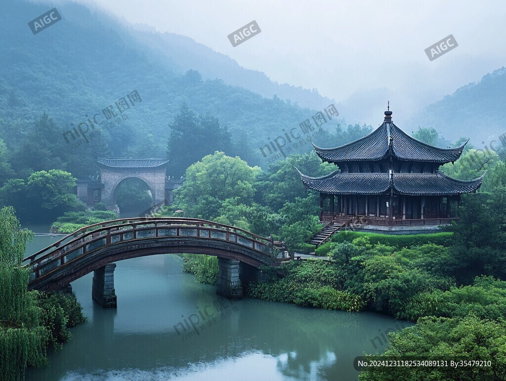 古橋竹林山水