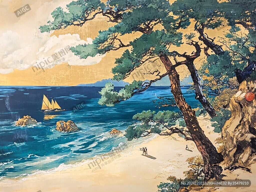 手繪海水江崖松鶴