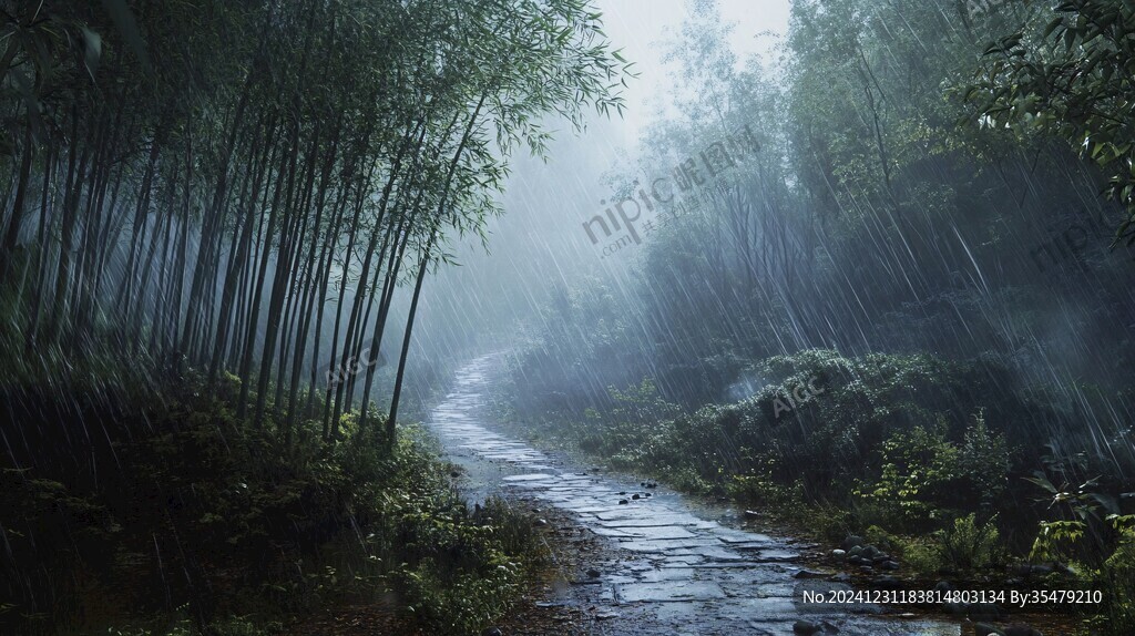 大霧中的竹林小路