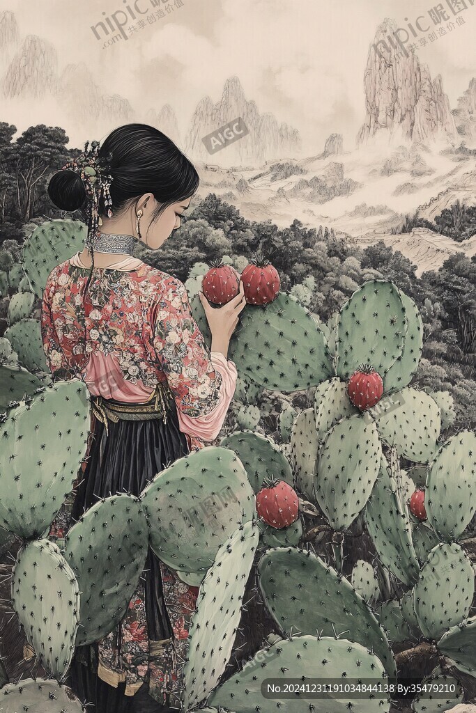 摘刺梨的小女孩插畫