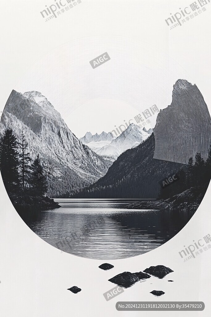 禪意山水圓形框畫