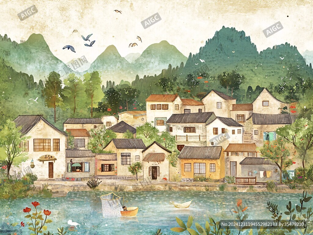 山村民居插畫